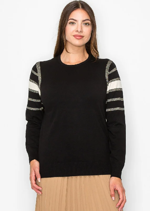 Stylish Women's Clothing Black Sweater with Metallic Stripe Accents