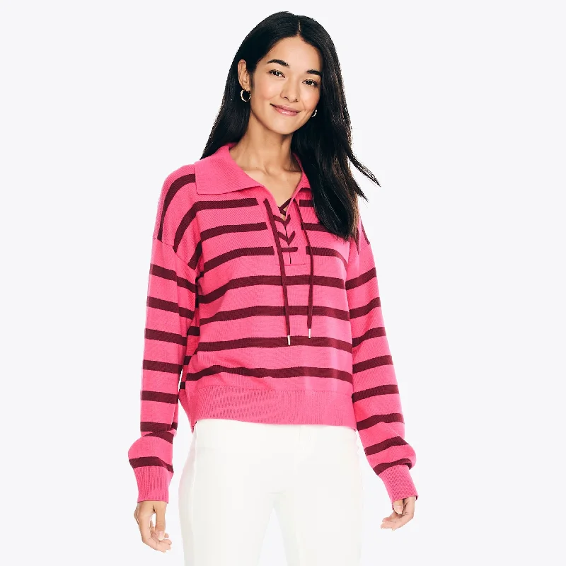 Fashionable Women's Casual Apparel Nautica Womens Striped Lace-Up Sweater