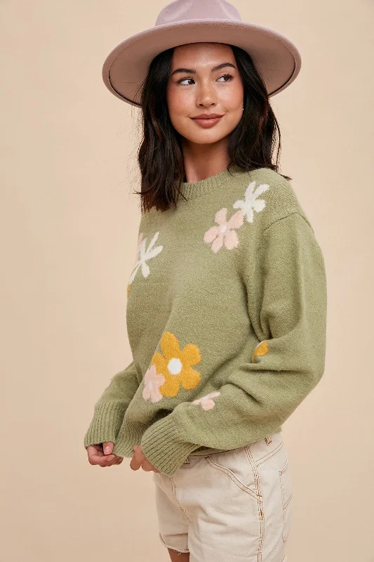 Women's Clothes For Outdoor Events Sage Floral Crew Neck Sweater