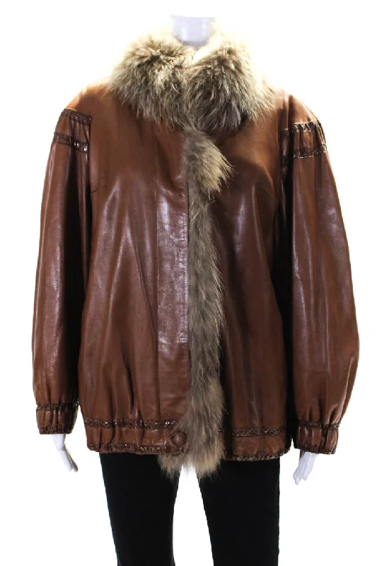 Women's Elegant Outfit Beltrami Womens Leather Snakeskin Trim Racoon Fur Button Up Jacket Brown