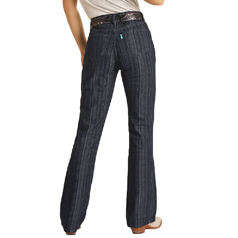 Women's Clothes For Work Events Dark Wash Jaquard Stripe High Rise Bootcut Jeans