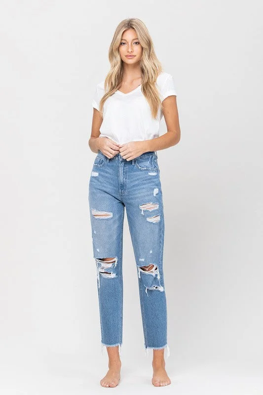 Fashion-Forward Women's Clothing Distressed Raw Hem Mom Jeans