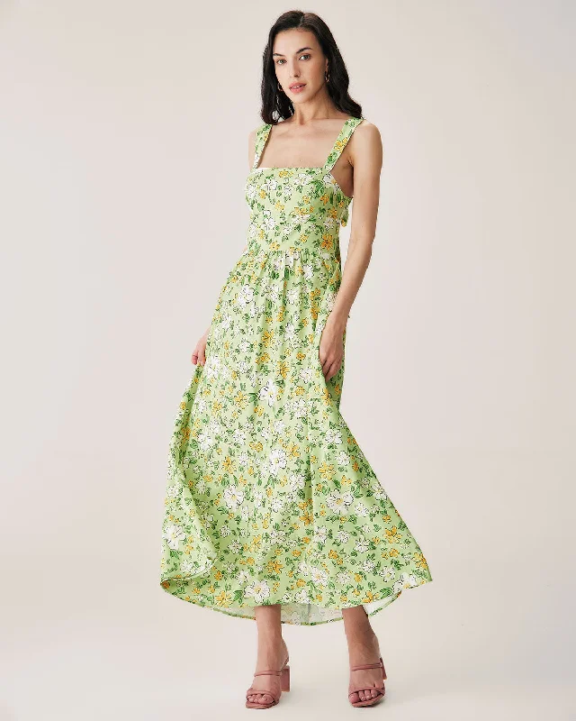 Formal Clothing For Women Green Floral Backless Maxi Dress