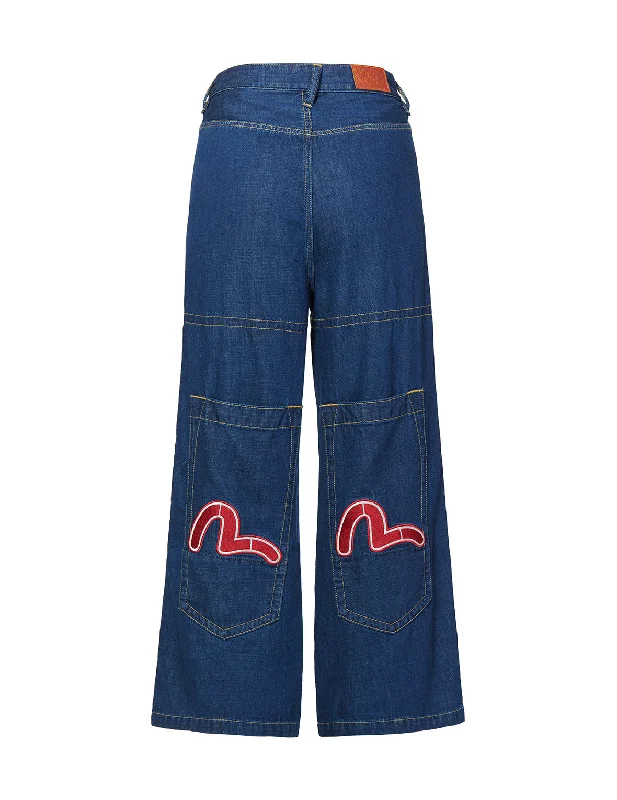 Sustainable Women's Clothes Denim Culottes with Seagull Embroidered Huge Pockets