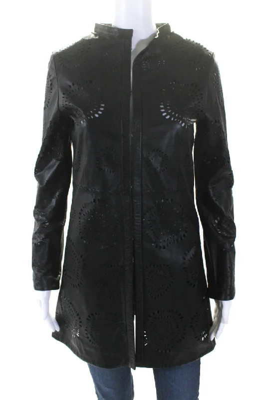 Women's High-Fashion Outfit In Transit Womens Laser Cut Long Hook & Eye Leather Jacket Black