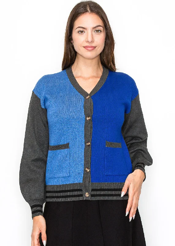 Women's Elegant Clothing Sets Blue and Grey Color-Block Cardigan