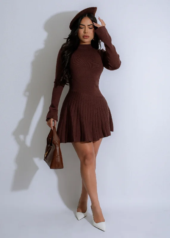 Seasonal Women's Fashion Trends Inkstone Pleat Knit Mini Dress Brown