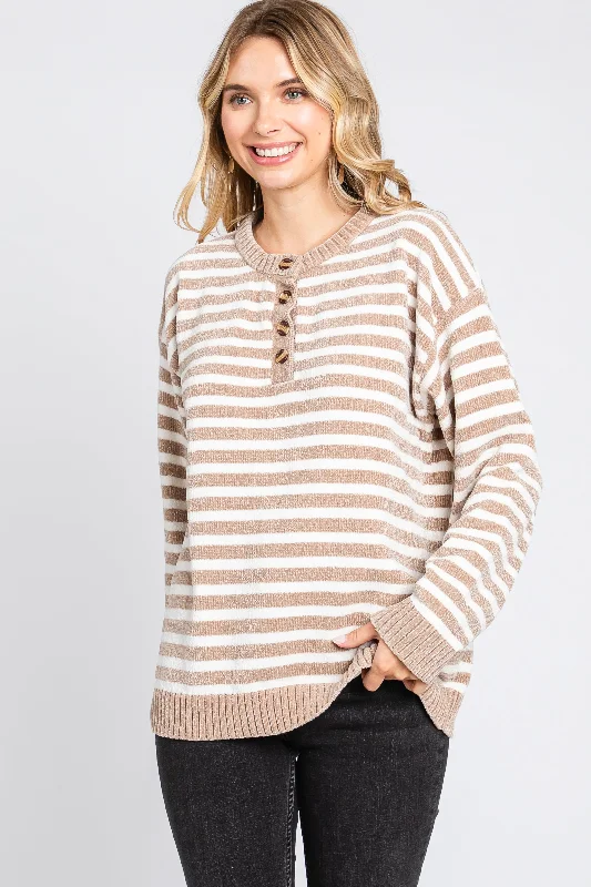 Weekend Sale Mocha Striped Chenille Henley Sweater