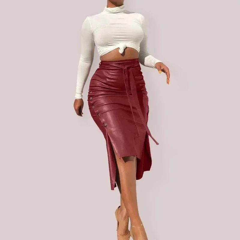 Women's Holiday Clothing Belted Leather Pencil Midi Skirt with Slit