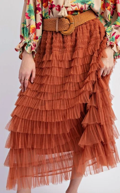 Women's Casual Wear Clothes Mesh Ruffle Maxi Skirt In Rust