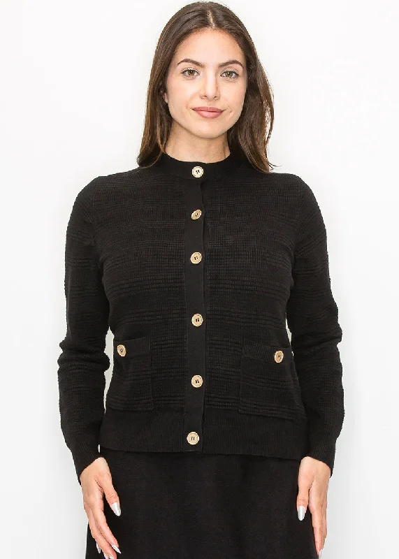 Comfortable Lounge Clothing Buttoned Black Knit Cardigan with Pockets