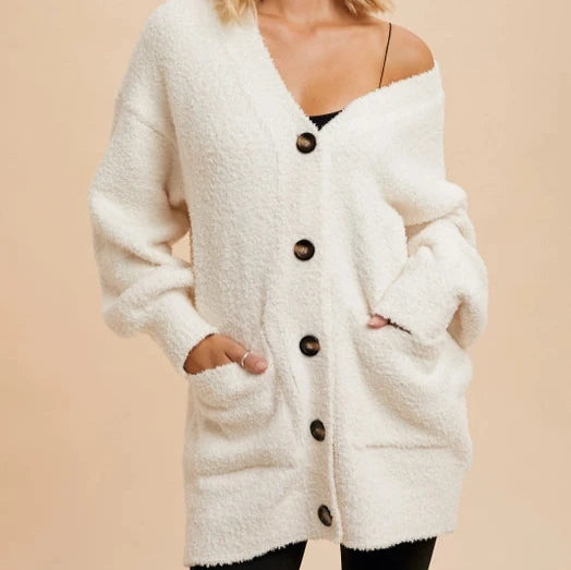 Casual Women's Clothing Online Women's Button Front Chenille Cardigan in Cream