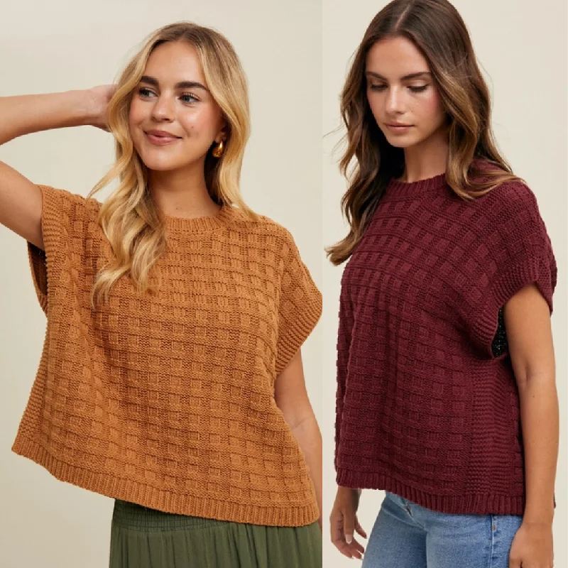 Bold and Elegant Women's Fashion Women's Boxy Weave Textured Cap Sleeve Sweater (Available In 2 Color Choices)