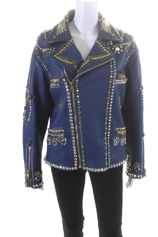 Plus Size Women's Fashion and Clothing Gucci Womens Leather Crystal Embellished Zip Up Coat Jacket Navy