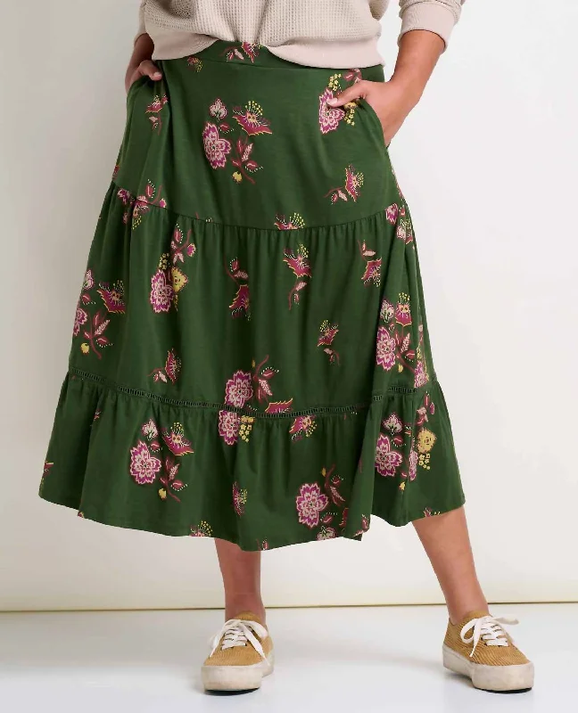 Comfortable Women's Clothing Marigold Tiered Midi Skirt In Epidote Lg Scale