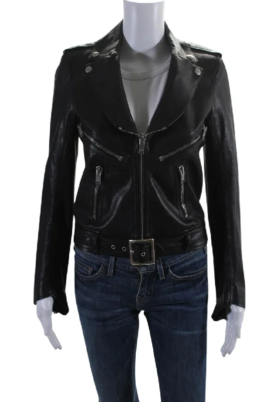 Trendy Women's Apparel for All Seasons Saint Laurent Womens Leather Silver Tone hardware Biker Jacket Black