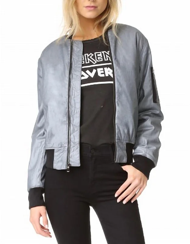 Timeless Women's Fashion Styles Gene Metallic Puffy Bomber Jacket In Dusted Silver