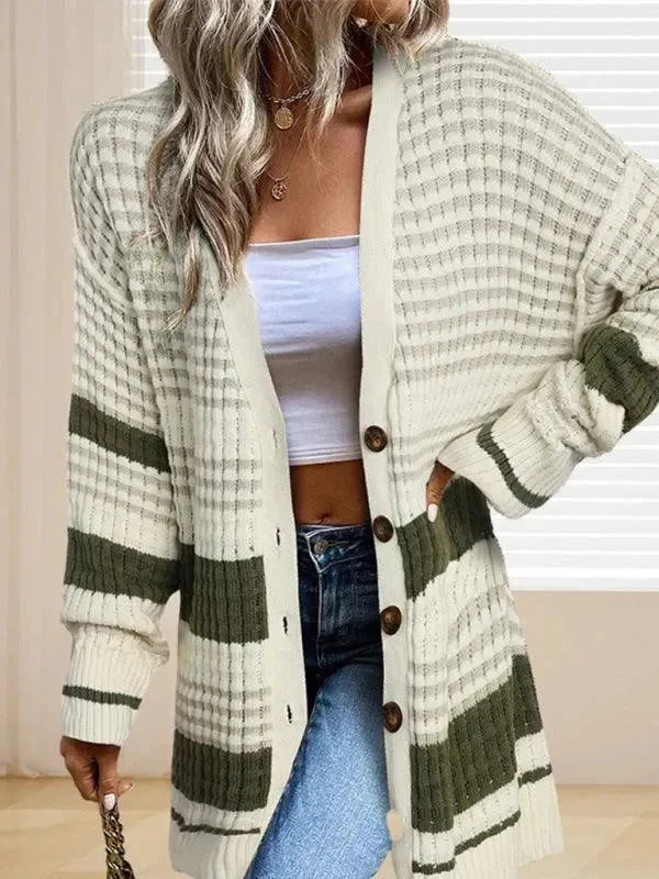 Online Impressions Boutique Mid-Length Striped Women Cardigan Sweater