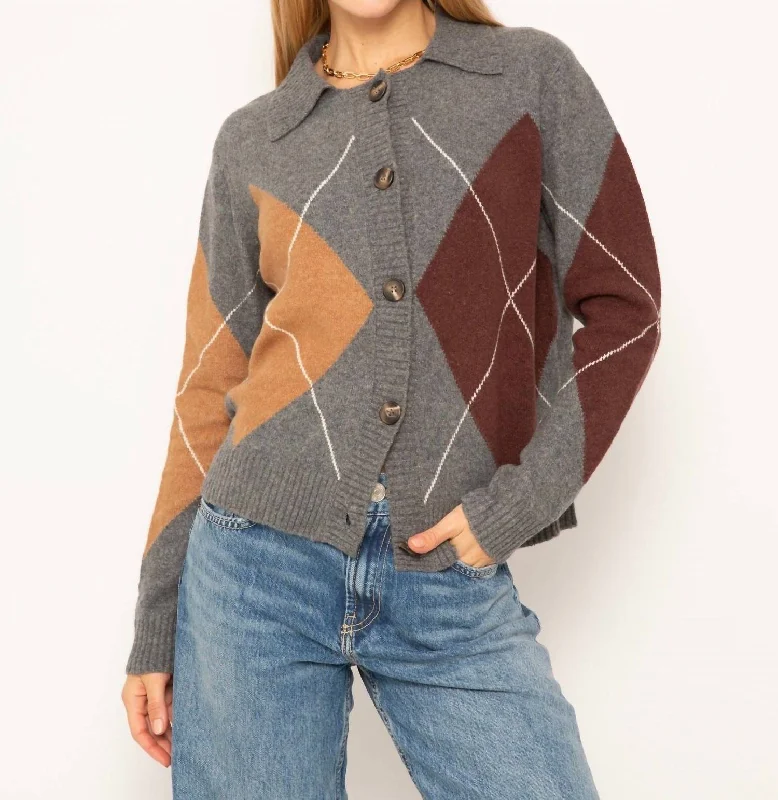 Online Boutiques Roman Argyle Sweater Cardigan In Gray/brown/tan