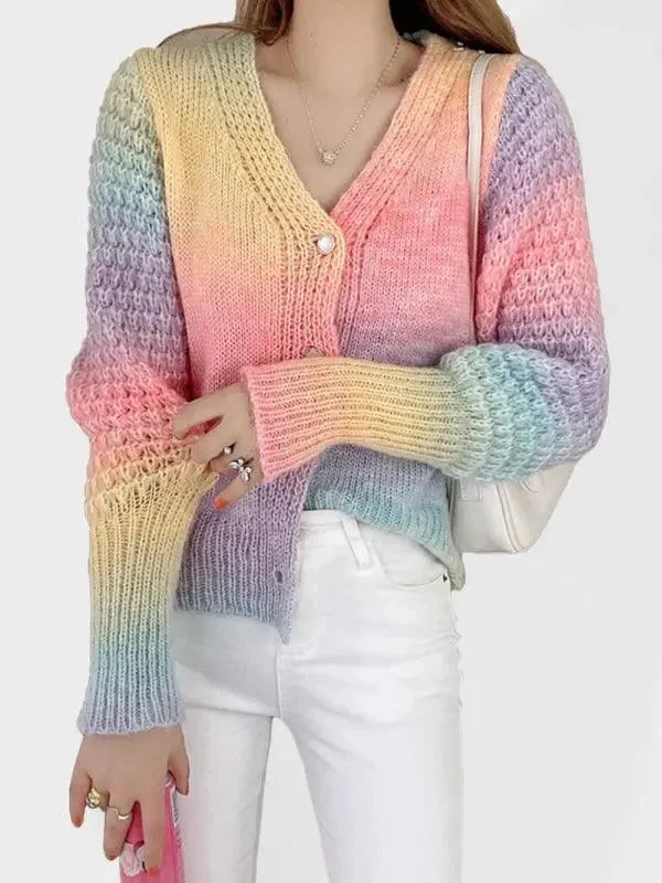 Women's Outerwear for All Weather Conditions Rainbow Gradient  Women Cardigan Sweater