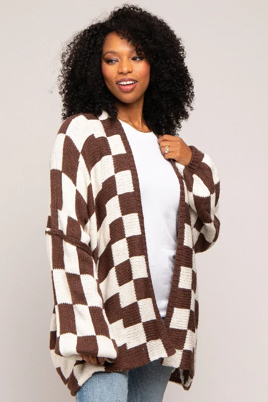 Bundle Offer Brown Checkered Print Oversized Cardigan