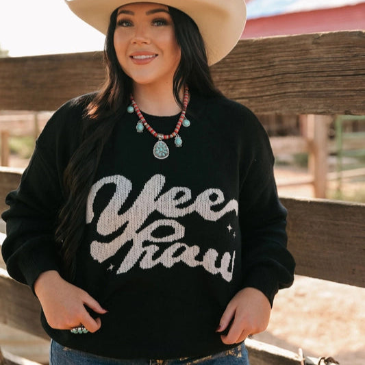 Clothing Sales Women's "Yeehaw" Wordy Contrast Sweater in Black