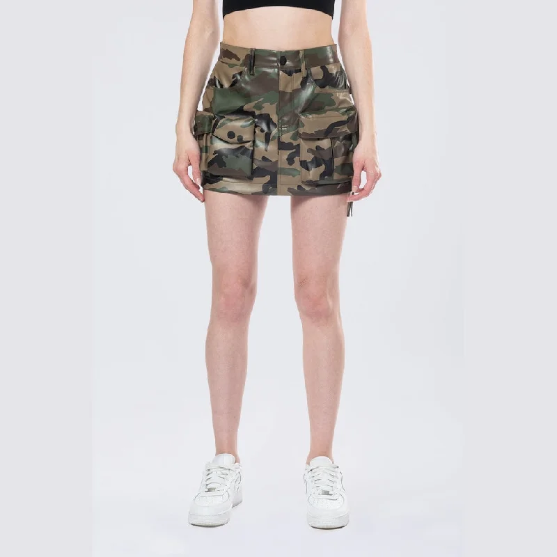 Women's Evening Outfit Utility Vegan Leather Mini Skirt - Wood Camo