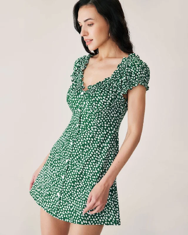 Women's Transitional Clothes Green Floral Sweetheart Neck Mini Dress