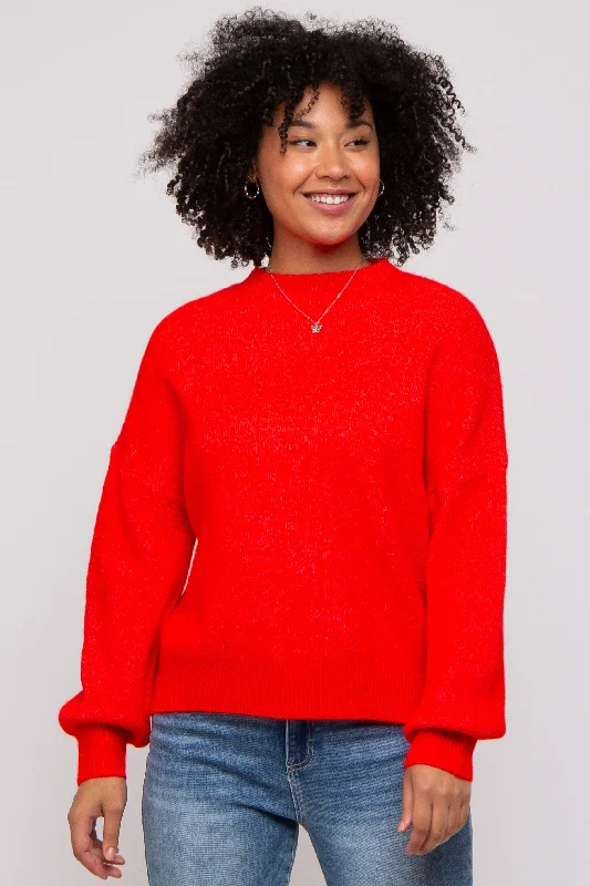 Women's Everyday Clothes Red Bubble Sleeve Sweater