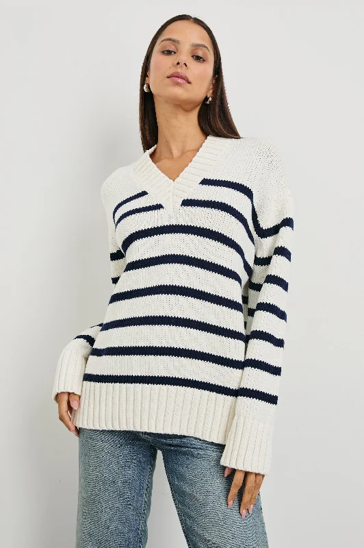 Relaxed Fit Women's Fashion PENNY SWEATER - IVORY NAVY STRIPE