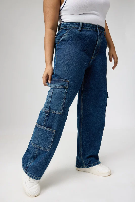 Women's Clothes And Apparel Curve Multi-Pocket Blue Denim Cargo Jeans