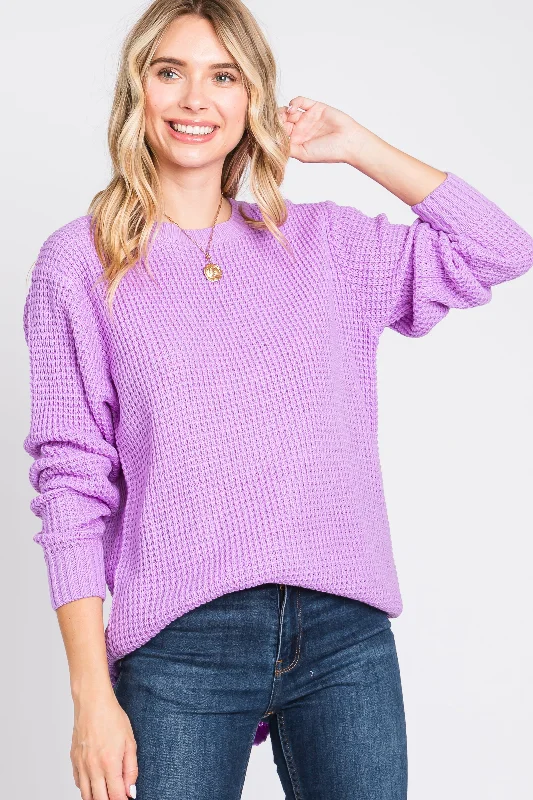 Fashionable Women's Clothing Lavender Waffle Knit Round Hem Sweater