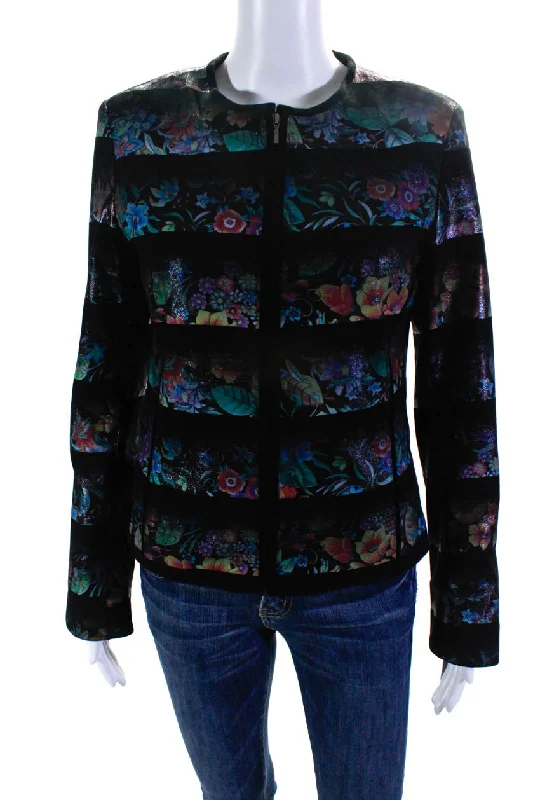 Women's Attire Natto Womens Shimmer Floral Suede Crew Neck Full Zip Jacket Black Multi