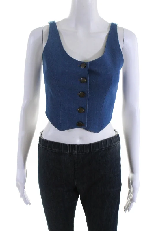 Stylish Women's Outfit Aya Muse Womens Cosa Scoop Neck Button Up Denim Waistcoat Vest Blue