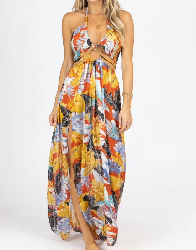 Fashionable Women's Wardrobe Tropical High Slit Maxi Cover Up In Rust