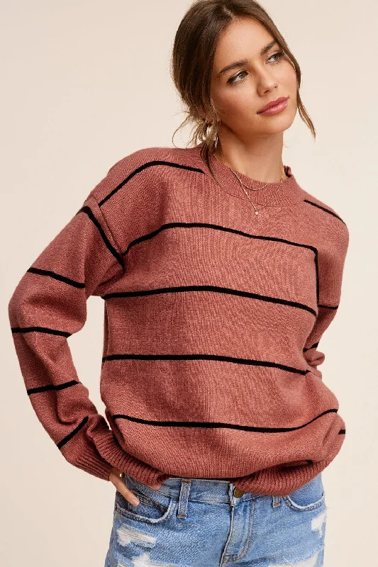 Comfortable Women's Clothes Rust Striped Mock Neck Sweater