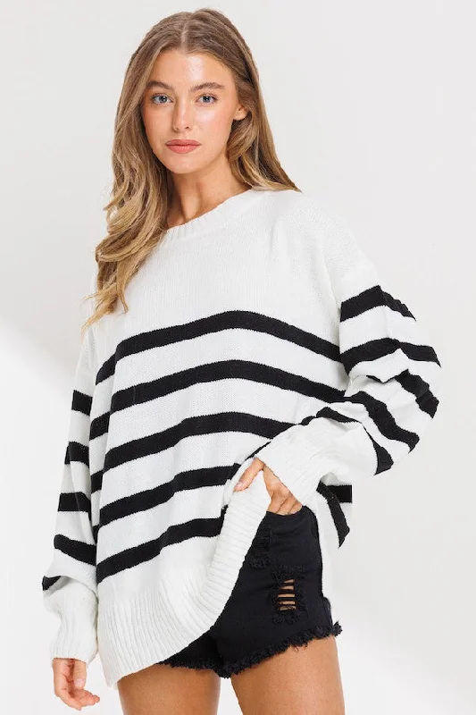 New Arrival Discounts Ivory Striped Oversized Side Slit Sweater