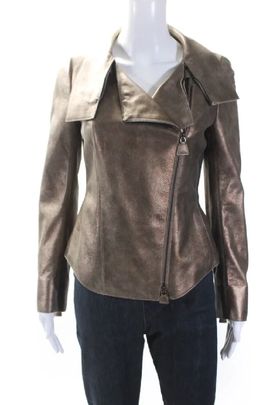 Fashionable Women's Wardrobe Akris Womens Long Sleeve Front Zip Collared Metallic Leather Jacket Brown