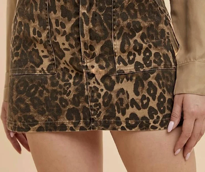 Women Online Clothing Boutiques Stretched Leopard Cargo Mini Skirt In Camel