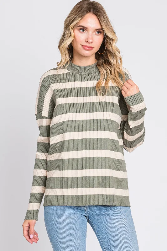 Women's Resort Apparel Olive Striped Ribbed Long Sleeve Top