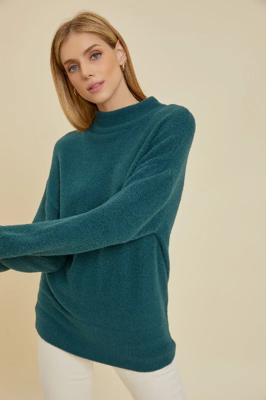 Women's Trendy Casual Clothes Teal Fuzzy Knit Mock Neck Sweater