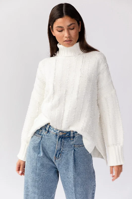 Affordable Women's Clothing Cream Textured Knit Turtleneck Sweater