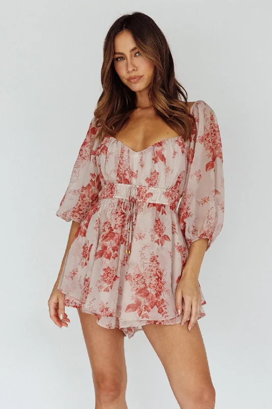 Women's Casual Wear Clothing First Light Puff Sleeve Elasticated Waist Romper Floral Print Rose