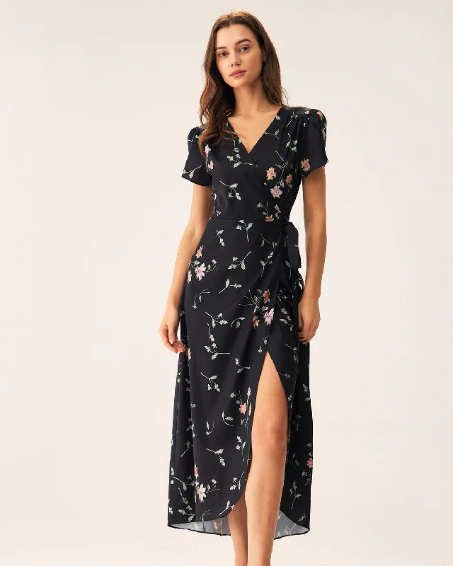 Comfortable Women's Clothing Black Floral Wrap Maxi Dress