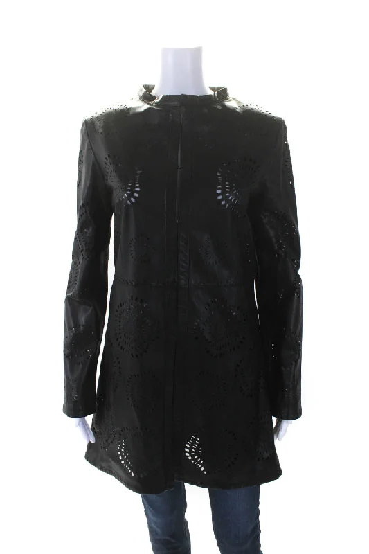 Sophisticated Women's Fashion In Transit Womens Laser Cut Long Hook & Eye Leather Jacket Black