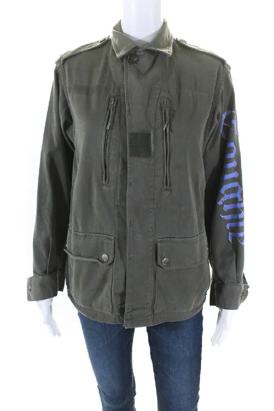 Women's Work Outfit Libertine Womens Button Front Collared Skull Back Jacket Green Cotton Medium