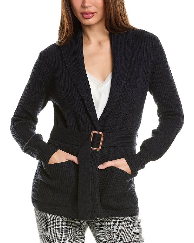 Women's Party Clothes Bruno Magli Ribbed Belted Shawl Wool Cardigan