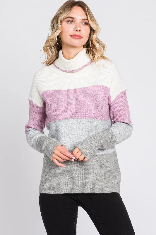 Women's Evening Clothes Multi-Color Color Block Turtleneck Sweater