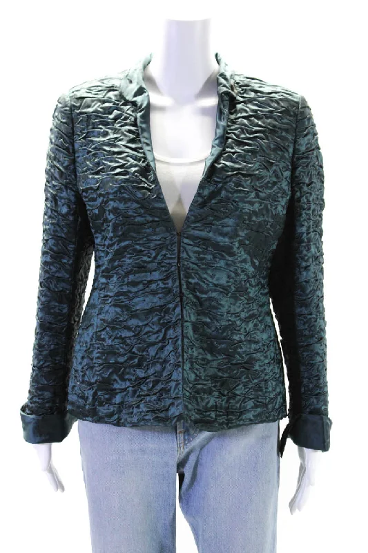 Women's Stylish Outerwear Akris Womens Silk Ruched Hook & Loop Long Sleeve Darted Jacket Green