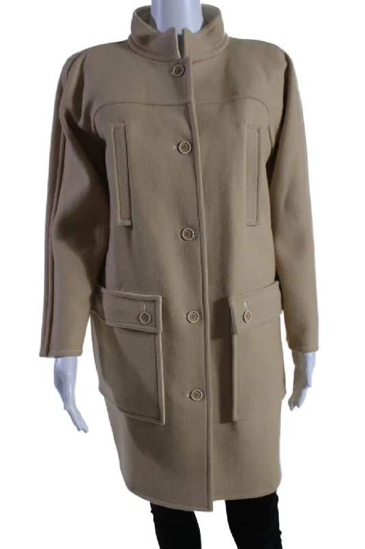 Trendy Women's Apparel Courreges Womens Beige Wool Pockets High Neck Long Sleeve Coat